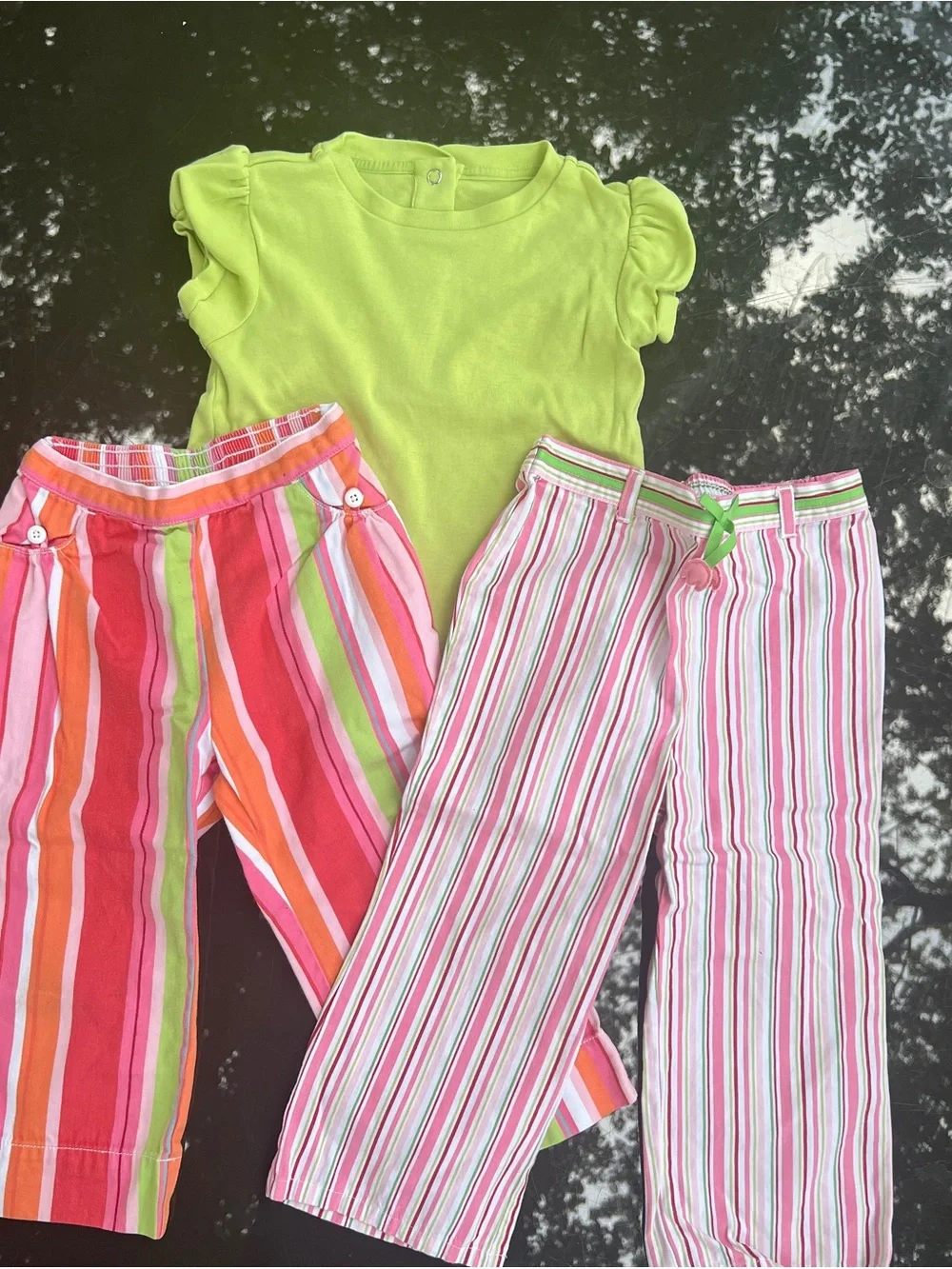 Y2K Gymboree Girls 3T 3pc Green Ruffle Tee & 2 Striped Knit Pants Set
